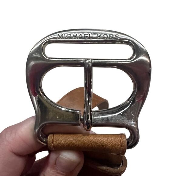 Michael Kors Women's Brown Leather Belt Silver Buckle Adjustable Chunky - Picture 3 of 7